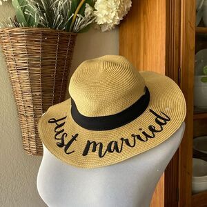 C.C Floppy Paper Straw Wide Brim Hat Embroidered Just Married OS